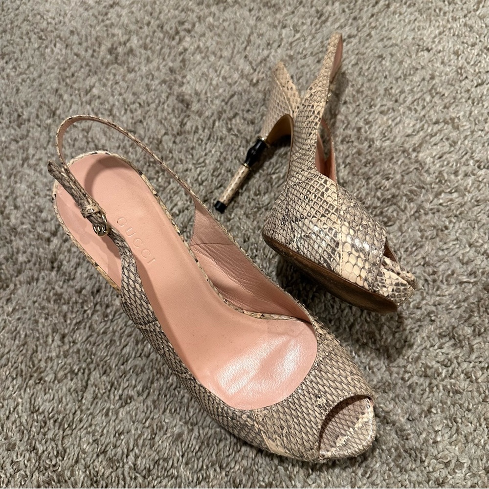 Gucci Snakeskin Peep-Toe Slingback Sandals with Bamboo Style Stiletto Heel - Picture 6 of 10